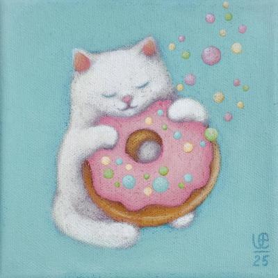 White Kitten With Pink Donut � Cute Acrylic Painting. Usenko Elena