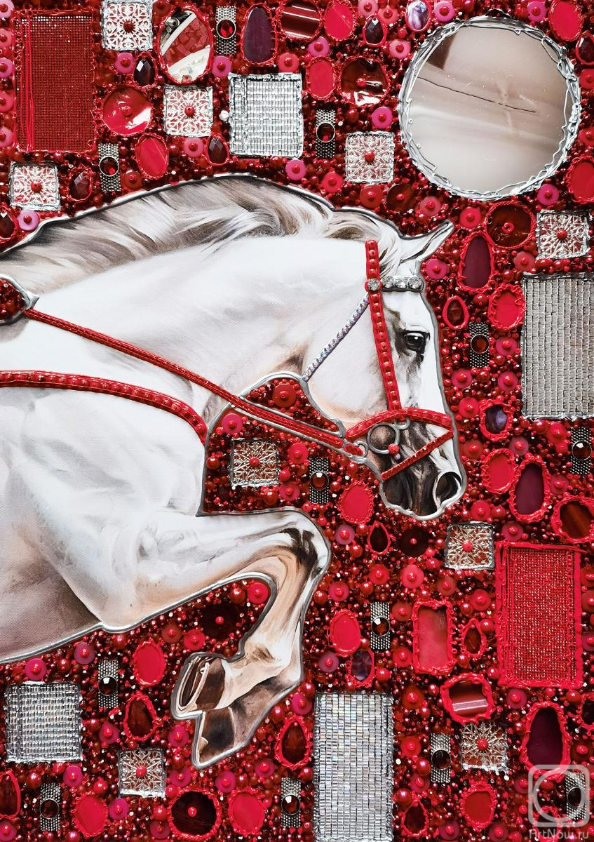 Bast Irina. Decisive leap. A white racehorse. Red coral artwork