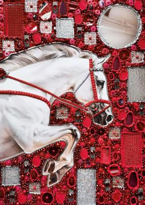 Decisive leap. A white racehorse. Red coral artwork (Folklore). Bast Irina
