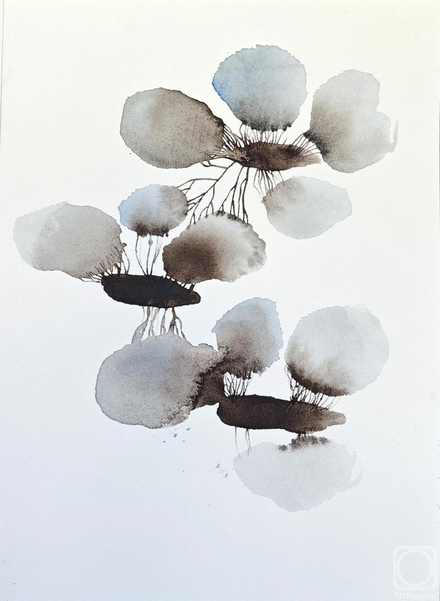 Solovyanova Tatyana. Floating Flowers Watercolor Ink Wash Gray Blue Minimalist