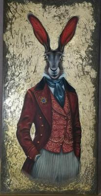 Painting Rabbit in a Suit. Mr. Magnificent. Gold leaf background. 8040 cm. Anchakova Svetlana