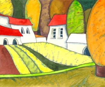 Golden fields and red roofs (Abstract Roofs Painting). Larionova Aleksandra