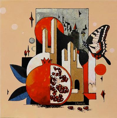 Symbolic urbanism with pomegranate and butterfly. Kupriyanova Irina