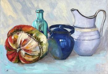 Still life with pumpkin and white enameled jug. Malyutina Yuliya