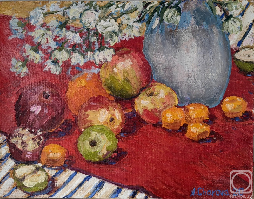 Charova Natali. Still life with a red tablecloth