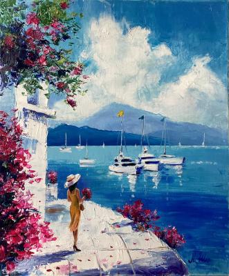 A girl in a white hat and a yellow dress from the "Sea Voyage" series. Shartaeva Lyazzat