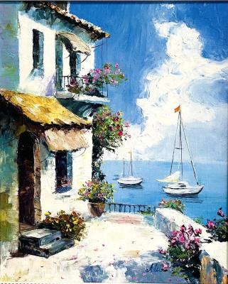 House with Balcony by the Sea from the Series "Sea Voyage". Shartaeva Lyazzat