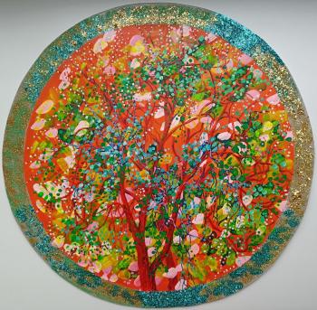 Tree of Life: Gouache Painting on Paper - Round Composition, Vibrant Foliage & Terracotta Background (Tondo). Mednikova Irina