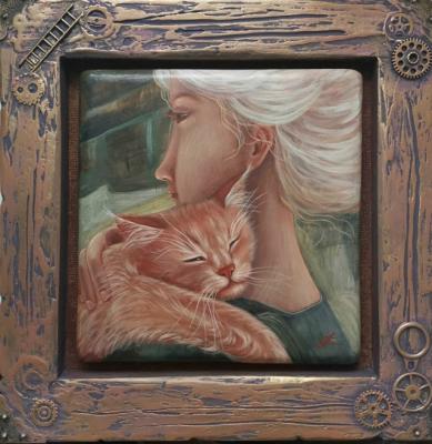 "Together We Are Harmony" � Hand-Painted Interior Art with a Cat in Steampunk Frame (Meaningful Artwork). Anchakova Svetlana