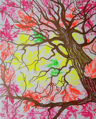 Autumn Oak - Metallic Branches & Fluorescent Maple Leaves, Abstract Pattern. Mednikova Irina