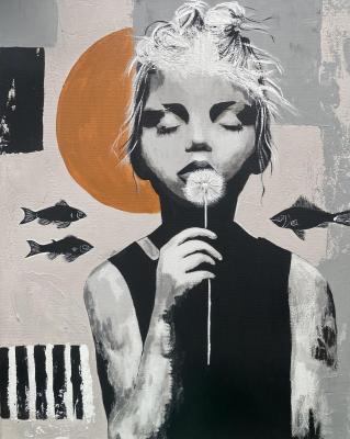 Abstract Girl with Dandelion � Surreal Figurative Acrylic Painting, Modern Minimal Art. Cherepanova Yuliya