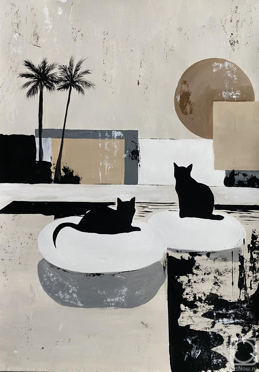 Cherepanova Yuliya. Minimalist Landscape with Black Cats, Palm Trees and Geometric Architecture � Modern Abstract Acrylic Painting