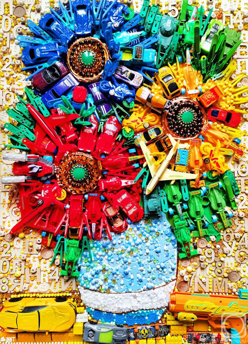 Bast Irina. Flowers in vase. Toys collage artwork