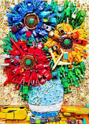 Flowers in vase. Toys collage artwork (Art Object). Bast Irina