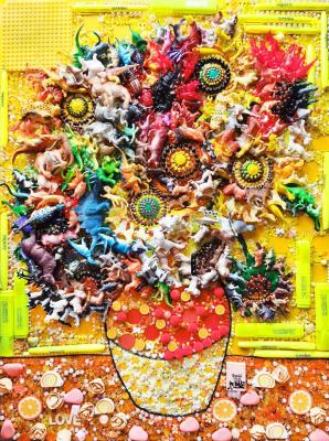 Sunny sunflowers. Toys collage artwork (Art Object). Bast Irina
