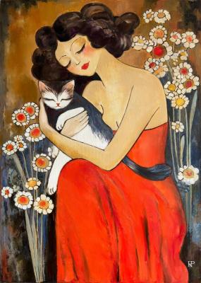 Woman in red with a cat. Piyanzina (Piarno) Natalya