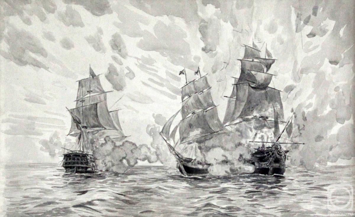 Kozhin Simon. Sketch. Battle between the brig �Mercury� and two Turkish ships