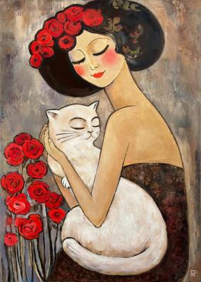 Woman with a cat near roses (Oil Painting Woman And Cat). Piyanzina (Piarno) Natalya