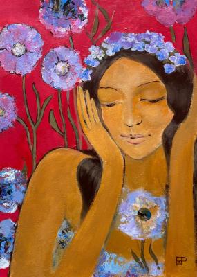 Woman on a red background among lilac flowers. Piyanzina (Piarno) Natalya