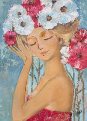 Woman with a wreath of red and white flowers. Piyanzina (Piarno) Natalya