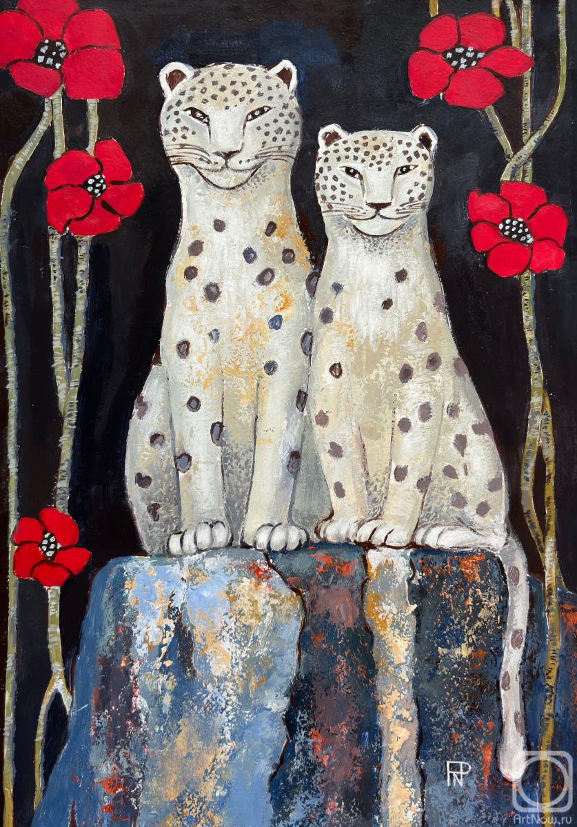 Piyanzina (Piarno) Natalya. Snow leopards on a black background