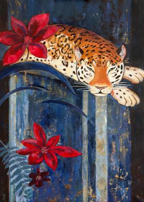 Jaguar and red flowers (Night Garden Artwork). Piyanzina (Piarno) Natalya
