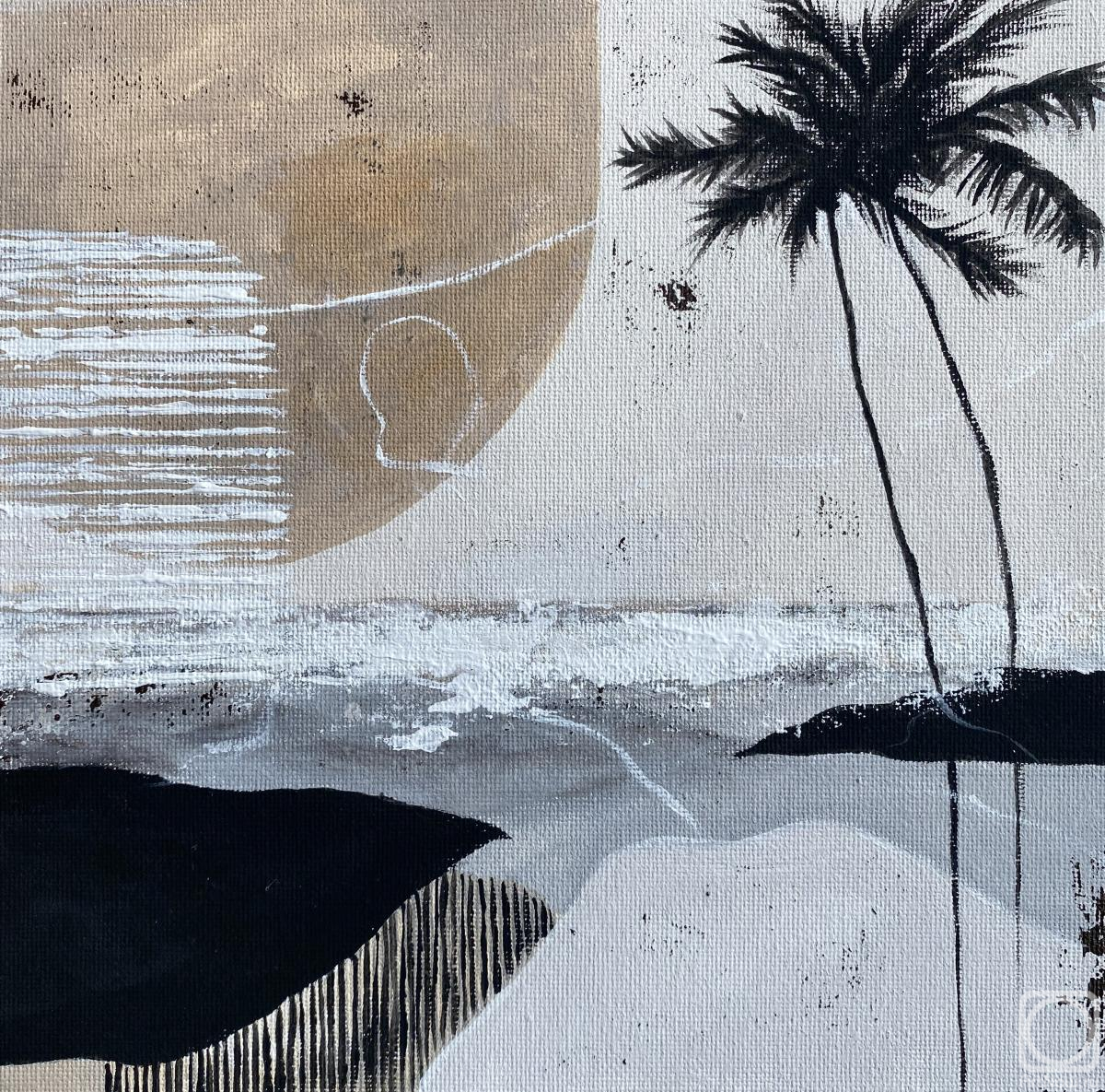 Cherepanova Yuliya. Abstract Minimalist Seascape Painting with Palm Trees � Beige and Gray Coastal Sunset Acrylic Art on Canvas, Modern Calm Wall Decor