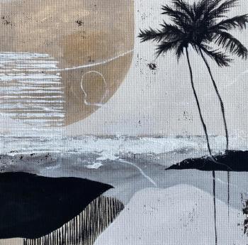 Abstract Minimalist Seascape Painting with Palm Trees � Beige and Gray Coastal Sunset Acrylic Art on Canvas, Modern Calm Wall Decor. Cherepanova Yuliya