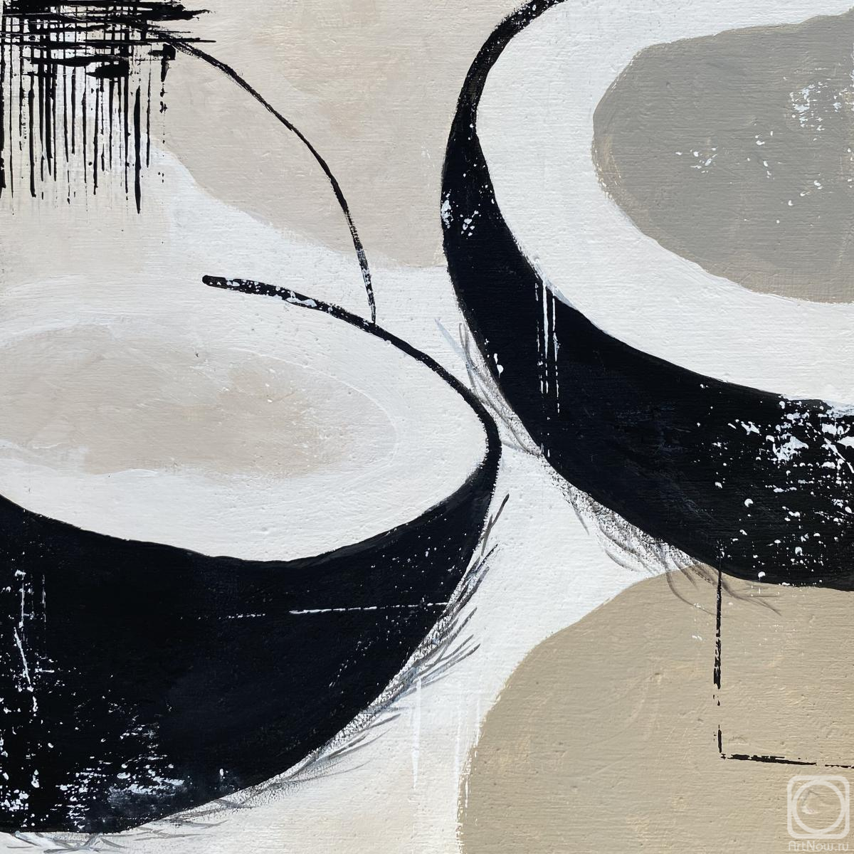 Cherepanova Yuliya. Abstract Coconut Painting � Minimalist Black and White Modern Art on Wood, Acrylic Texture Artwork with Expressive Brushstrokes