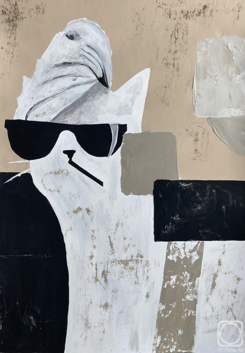 Cherepanova Yuliya. Whimsical Minimalist Cat Portrait with Sunglasses and Geometric Abstract Shapes
