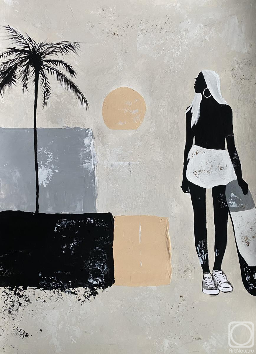 Cherepanova Yuliya. Minimalist Coastal Beach Scene with Silhouette, Palm Tree, and Sun