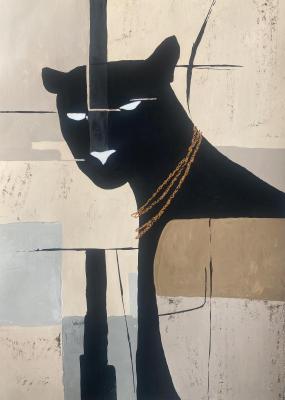Abstract Panther Portrait � Minimalist Black Panther with Gold Chains (Stylish Wall Decor). Cherepanova Yuliya