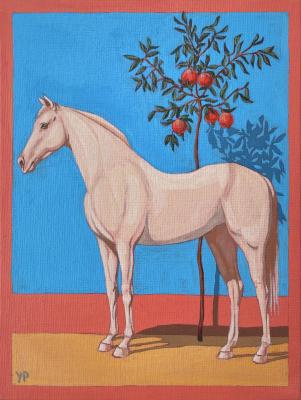 Standing White Horse with Pomegranate Tree. Prihodko Yulia