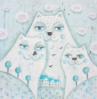 Cat family (White Cat Painting). Razina Elena