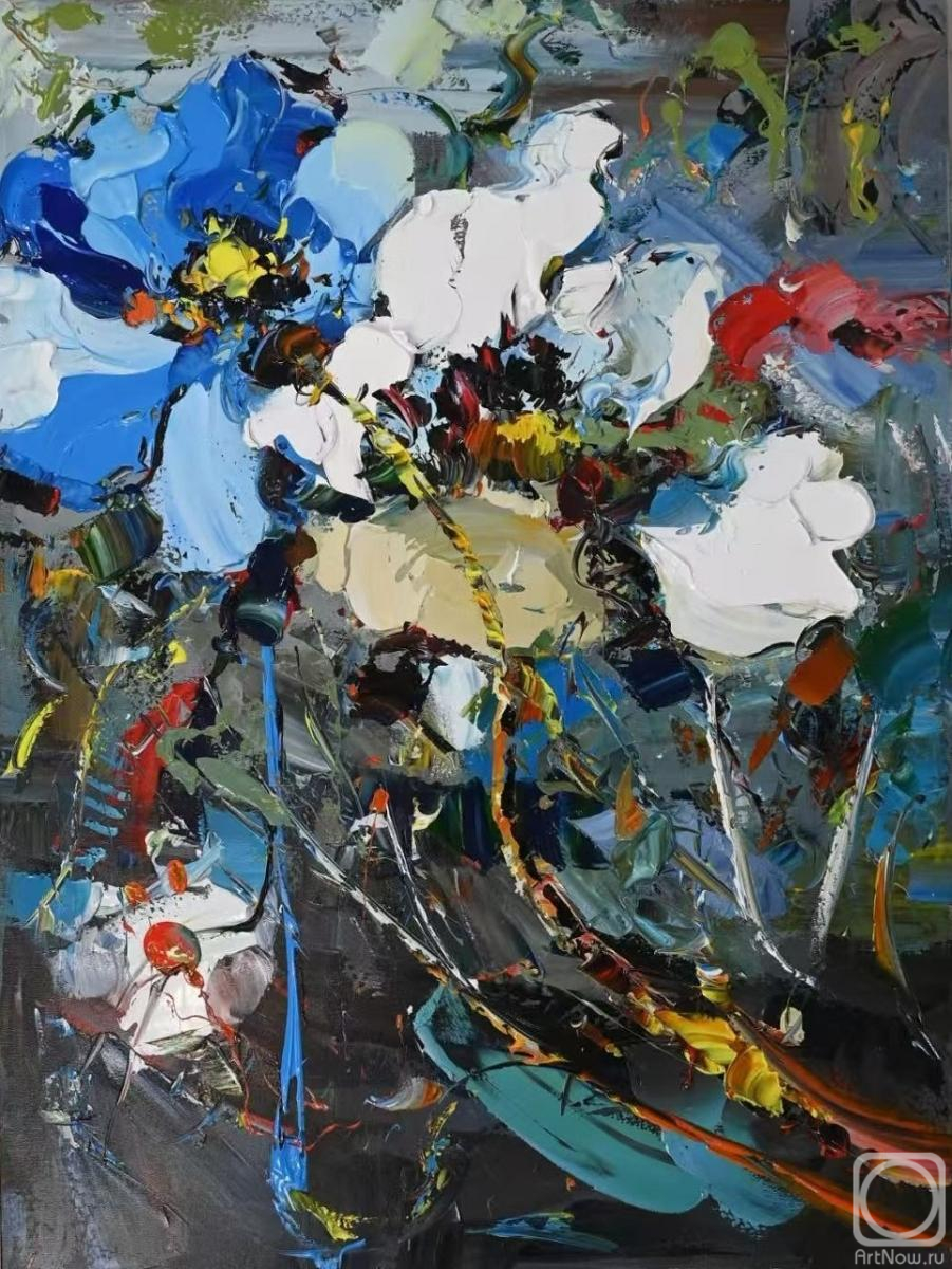 Rodries Jose. White and blue poppies on gray. N2