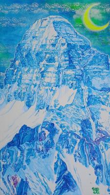 Mount Kailash - Sacred Peak in Blue Tones, Fluorescent Crescent Moon. Mednikova Irina