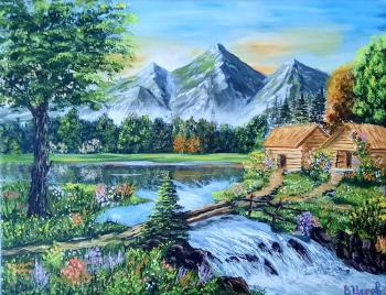 Morning in an Alpine Village (Cozy Cabin Decor Painting). Tsarev Vitaliy