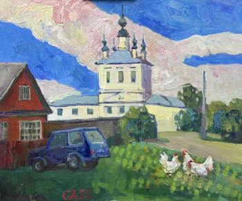 Village Landscape with Church and Chickens. Golub Anna