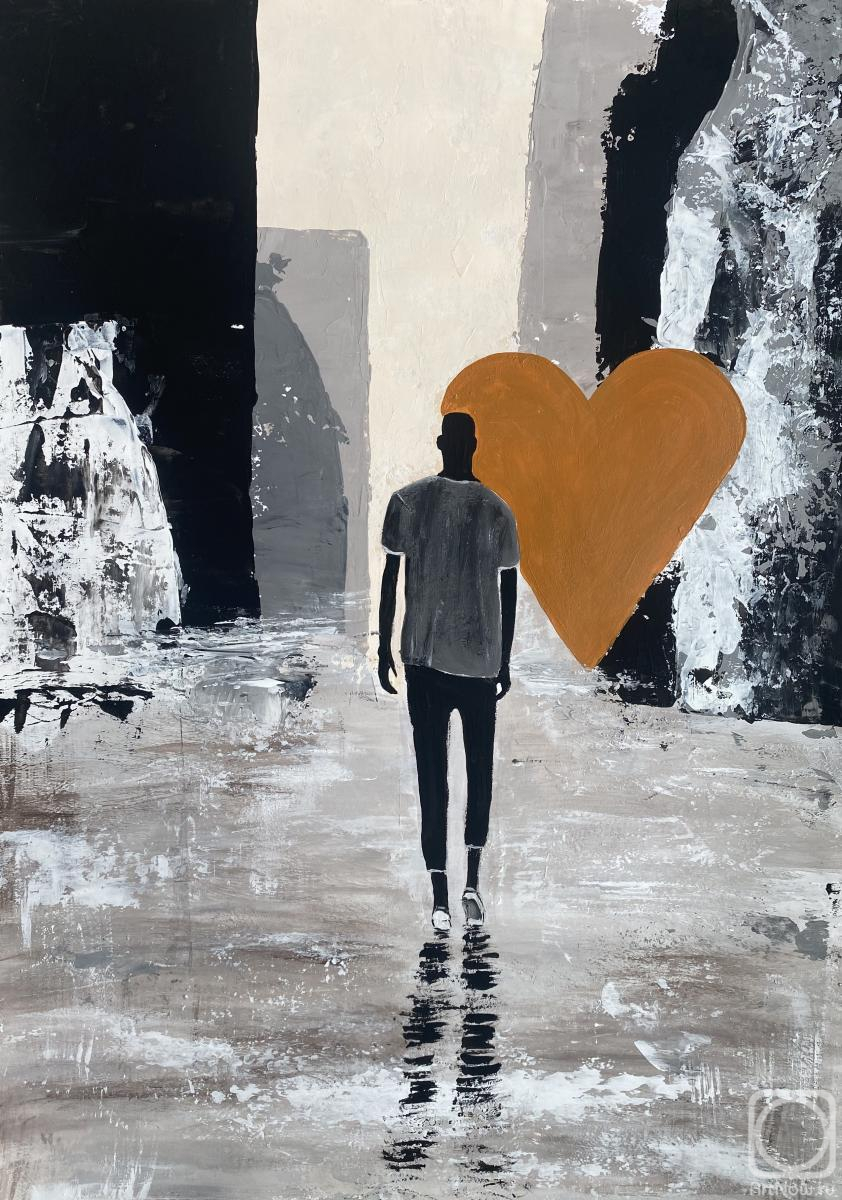 Cherepanova Yuliya. Minimalist Urban Love � Man Walking to Ochre Heart