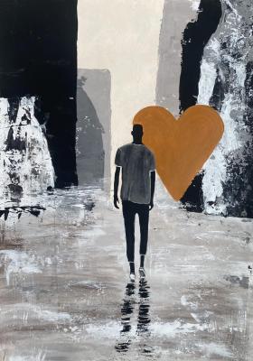 Minimalist Urban Love � Man Walking to Ochre Heart. Cherepanova Yuliya