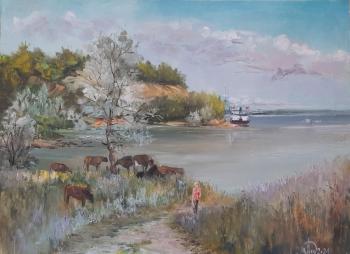 The Volga near Kashpir (Boat Painting). Lednev Alexsander