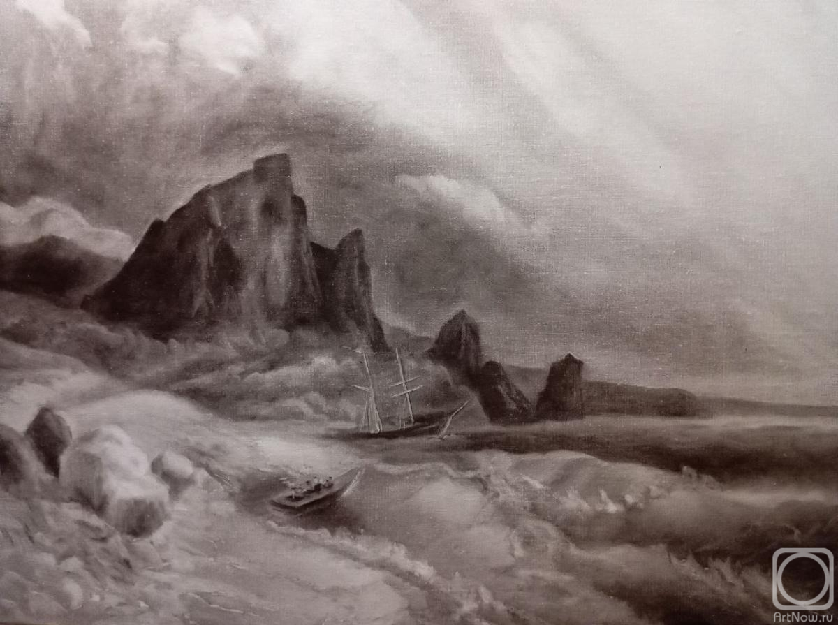 Skar Viktoriya. Ship and boat in a stormy sea, seascape with rocky shore and clear waves