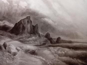 Ship and boat in a stormy sea, seascape with rocky shore and clear waves (Stormy Seascape Art). Skar Viktoriya