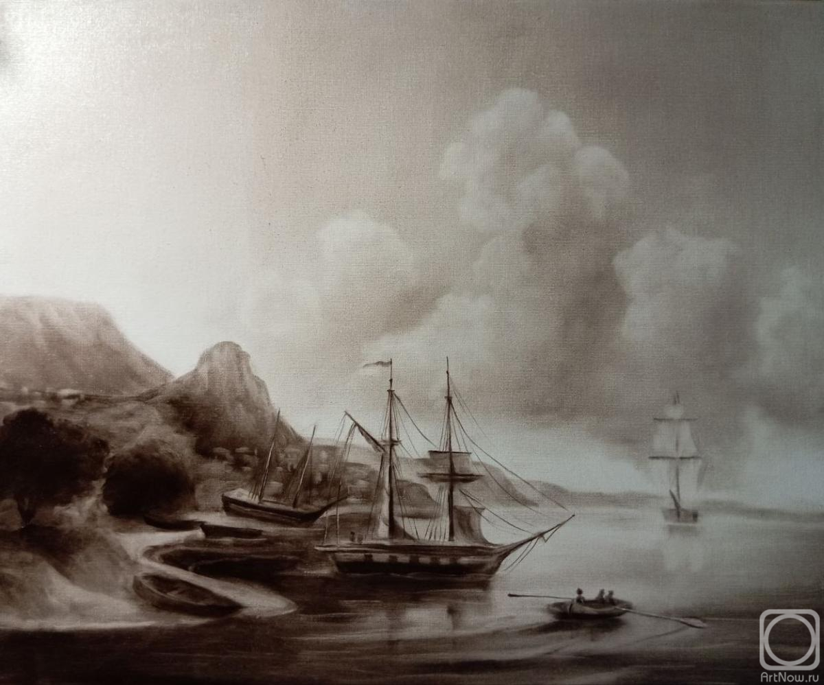 Skar Viktoriya. Ship and boat in a stormy sea, seascape with rocky shore and clear waves