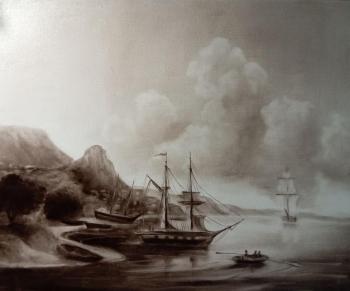 Ship and boat in a stormy sea, seascape with rocky shore and clear waves (Stormy Seascape Art). Skar Viktoriya