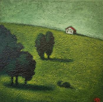 Green Hills Landscape � with Trees and Red Roof Cottage (Rural Art Decor). Dymsha Miloslava
