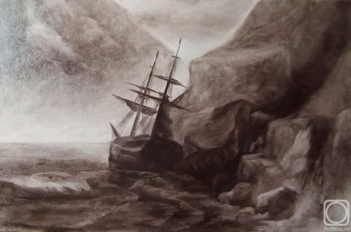 Skar Viktoriya. Ship in a stormy sea, seascape with rocky shore and clear waves
