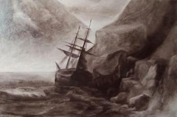 Ship in a stormy sea, seascape with rocky shore and clear waves (Stormy Seascape Art). Skar Viktoriya