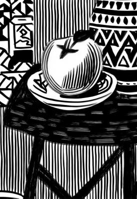 Monochrome Still Life: Apple & Patterned Vase � Folk-Inspired Graphic Art