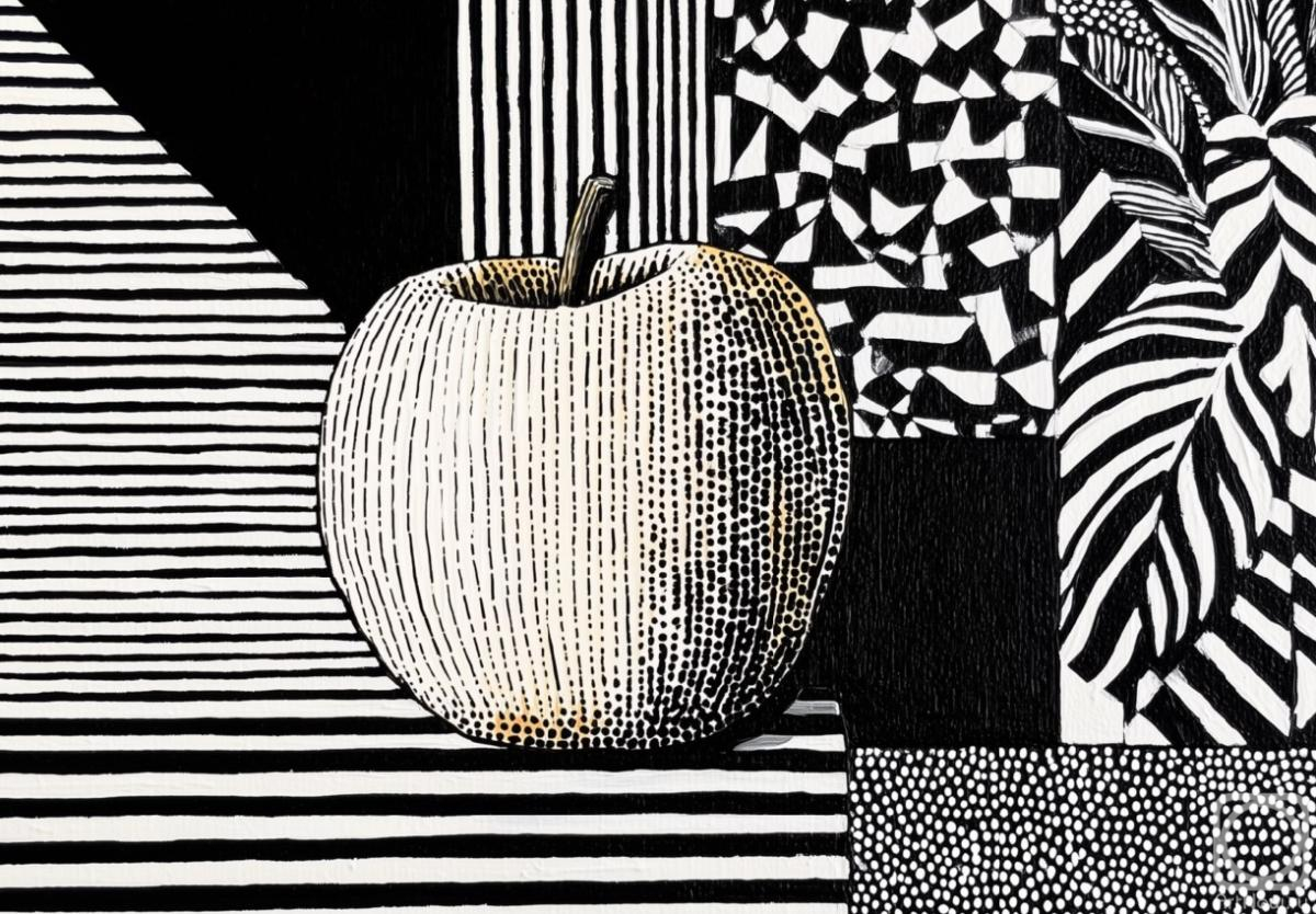 Dudchak Vladlena. Graphic Pop Art Apple Still Life: Black-White Geometric Harmony